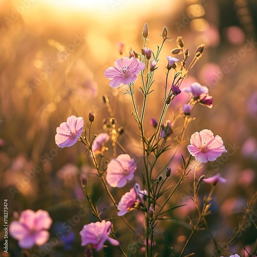  Soft Pink Wildflowers Basking in Golden Light