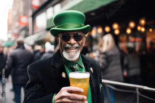 older african american man dressed in green celebrating st. patrician's day with a cherry in hand
