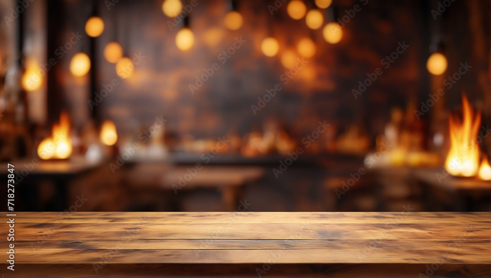 Dark wooden countertop on a blurred background of a cozy kitchen, restaurant, cafe in the process of cooking with fire Dark wooden countertop on a blurred background of a cozy kitchen, restaurant, cafe in the process of cooking with fire
