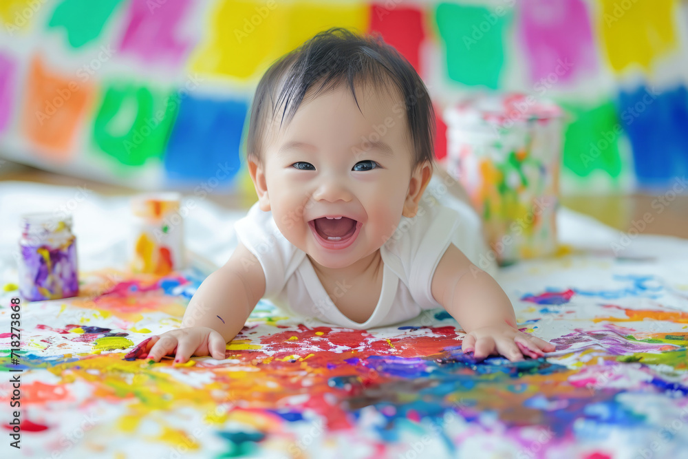 Creative asian child having fun drawing and playing with colors and painting brushes Creative asian child having fun drawing and playing with colors and painting brushes