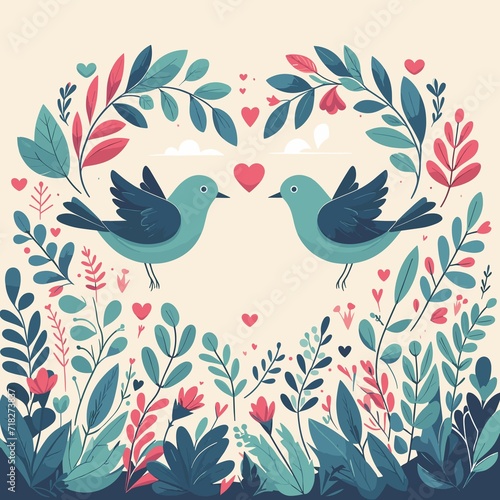Celebrate love with this vibrant vector illustration of two lovebirds amidst a lush park  featuring flat colors for a charming Valentine s Day aesthetic.