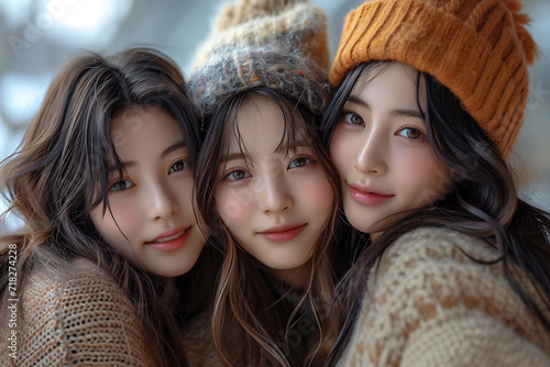 group of cute Korean girls posing in studio 