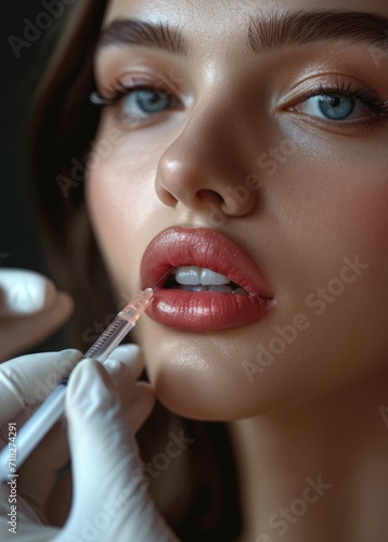 Close-up photo of a cosmetic procedure  injection on the lips of a young woman  lip augmentation  facelift  liposuction