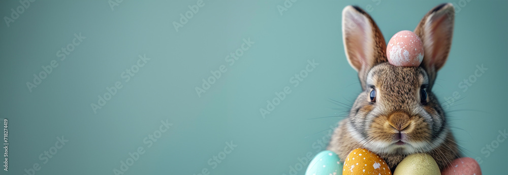 Easter day design. Realistic rabbit with painted Easter eggs on pastel green background. Decorative festive object. Holiday banner, web poster, flyer, stylish brochure, greeting card, cover. Funny  - obrazy, fototapety, plakaty 