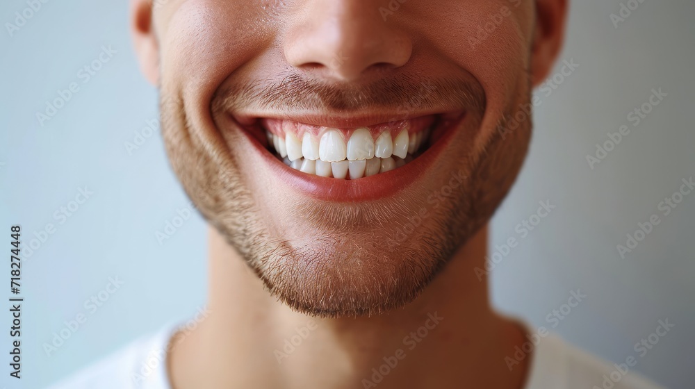 Naklejka premium Close up of smiling young man with white teeth. Dental care concept