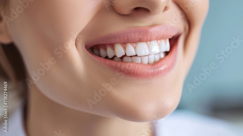 Close up of young woman with healthy teeth and smile at dental clinic