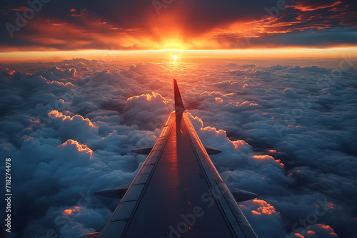 Passenger civil airplane jet flying at flight level high in the sky above the clouds and blue sky photo