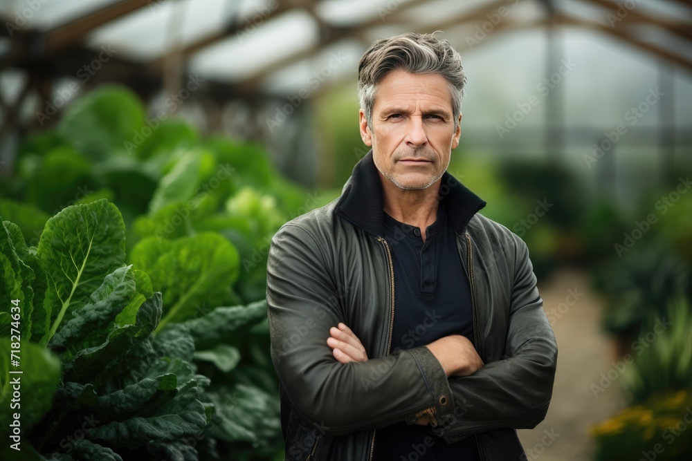 Potrait of a vegetable grower working in a large industrial greenhouse growing vegetables and herbs. Farmer Potrait of a vegetable grower working in a large industrial greenhouse growing vegetables and herbs. Farmer