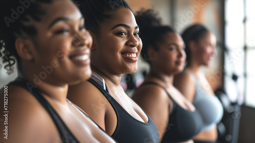 A group of overweight smiling black women in the gym photo