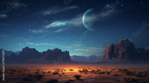 Desert mountain at night with stars and moon © tinyt.studio