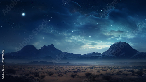 Desert mountain at night with stars and moon