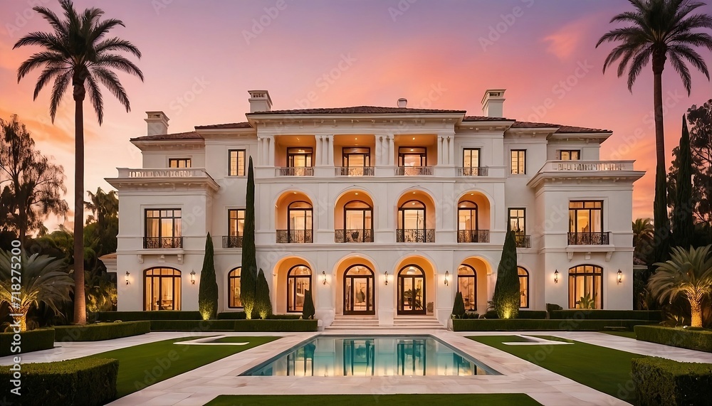A mesmerizing capture of Beverly Hills Road, California, Ultra luxury mega mansion with 31,000 square foot, exclusive house, modern design ultra luxury villa with a nice cloudy sky. Generative AI