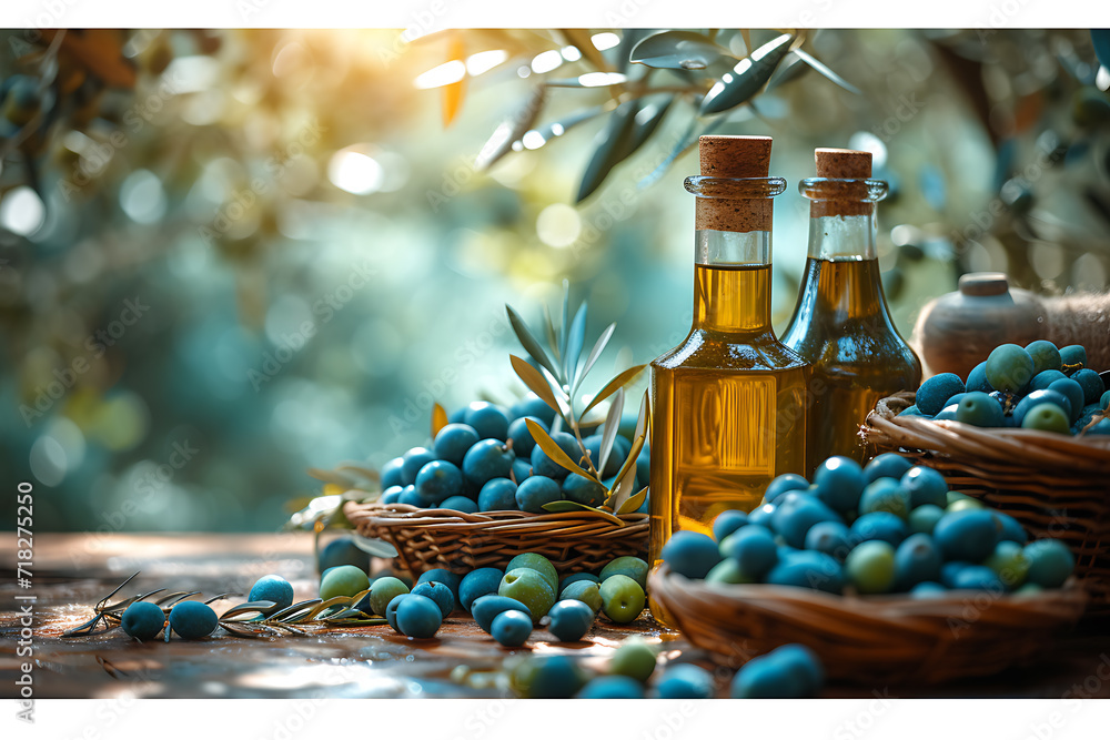 olive trees, bottles full of olive oil, baskets full of green olives olive trees, bottles full of olive oil, baskets full of green olives