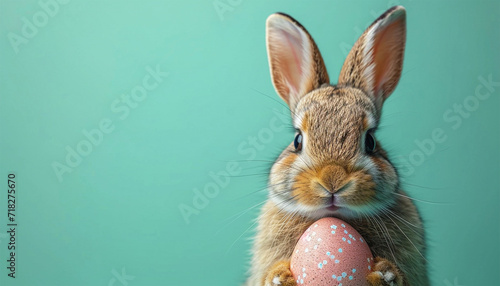 Easter day design. Realistic rabbit with painted Easter eggs on pastel green background. Decorative festive object. Holiday banner, web poster, flyer, stylish brochure, greeting card, cover. Spring  © annebel146