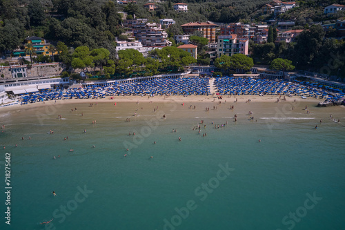 Top view of Lido of Lerici, La Spezia provinces, Liguria, Italy. Italian resorts on the Ligurian coast aerial view. Aerial panorama of the city of Lerici.