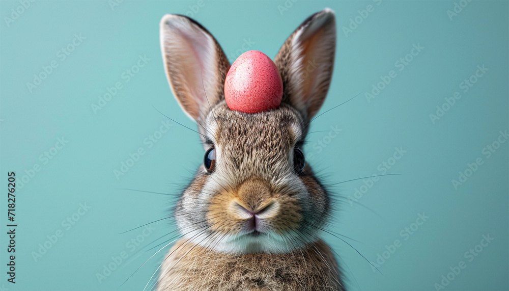 Fototapeta premium Easter day design. Realistic rabbit with painted Easter eggs on pastel green background. Decorative festive object. Holiday banner, web poster, flyer, stylish brochure, greeting card, cover. Spring 