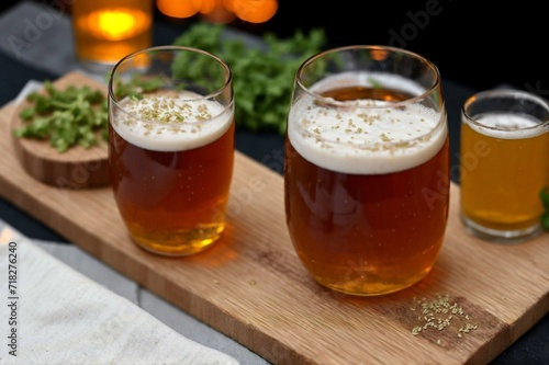 Glass of beer with steamed rice and parsley on wooden board