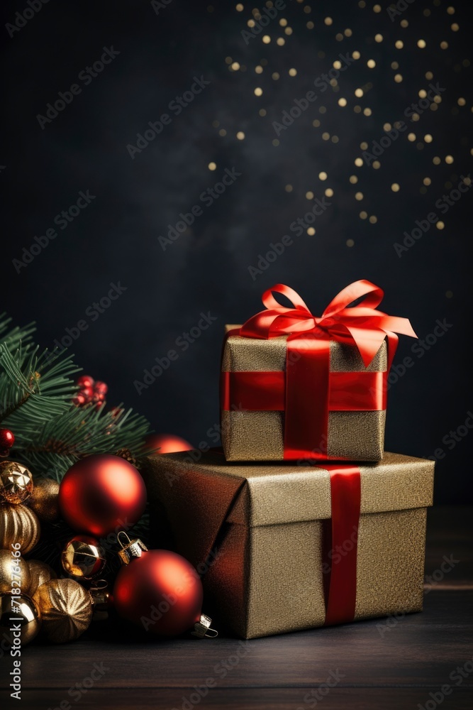 Photo of christmas decoration with gift box and text space Photo of christmas decoration with gift box and text space