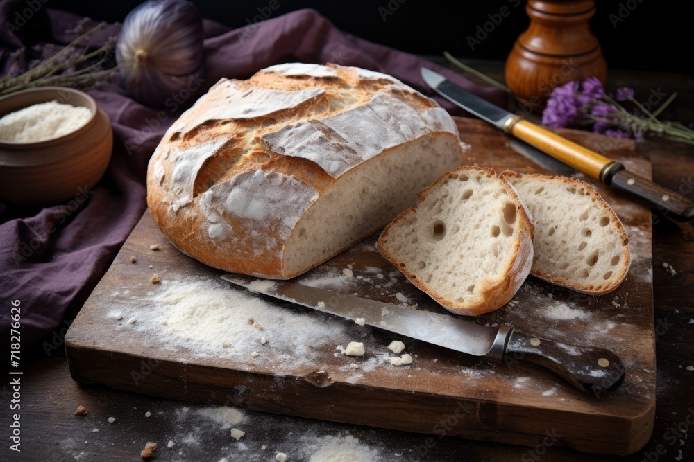 Freshly baked artisan bread on a rustic wooden cutting board with a vintage knife and flour scattered around
