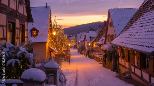 A rustic village street lined with warmly lit houses, inviting a sense of comfort and tranquility on a calm evening