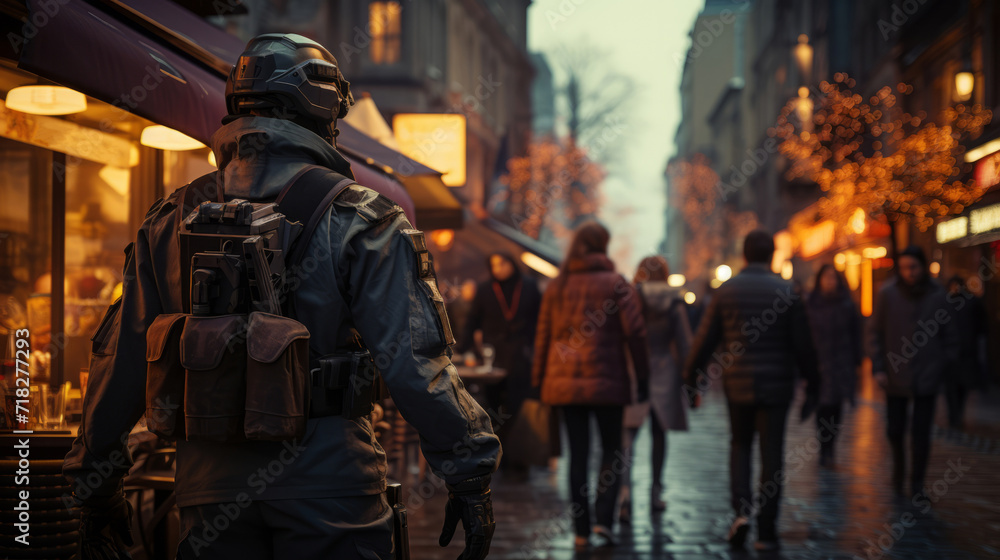 Soldier against the backdrop of a peaceful city