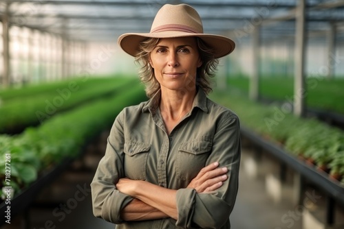 Potrait of female vegetable grower working in a large industrial greenhouse growing vegetables and herbs. Farmer