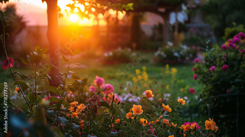 A village garden with flowers in full bloom  basking in the warm hues of the setting sun during a delightful evening