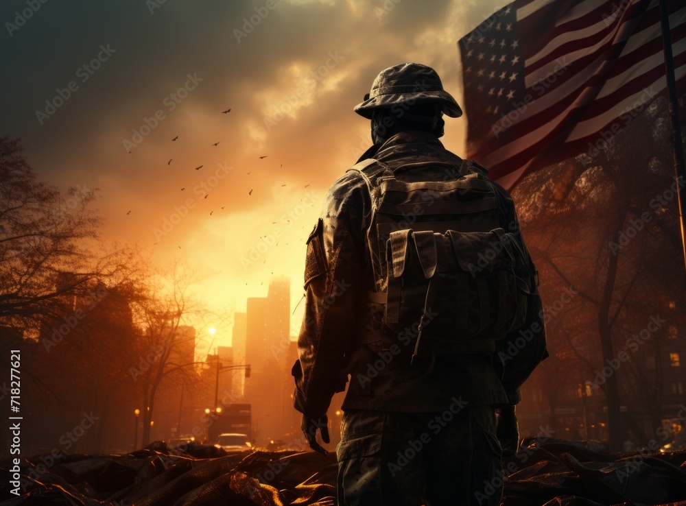 Soldier in a military uniform on the background of the American flag. Soldier in a military uniform on the background of the American flag.