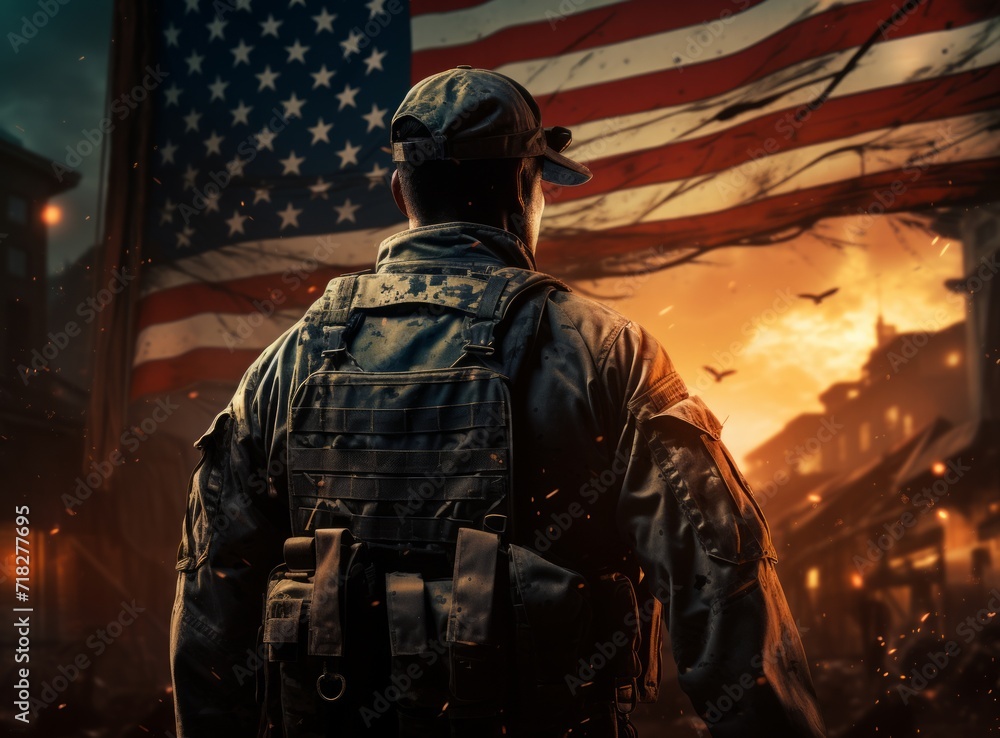 Soldier in a military uniform on the background of the American flag. Soldier in a military uniform on the background of the American flag.
