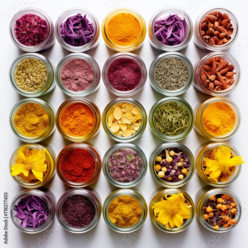 Colorful assortment of spices in small glass jars arranged in a geometric pattern on a clean, white background 