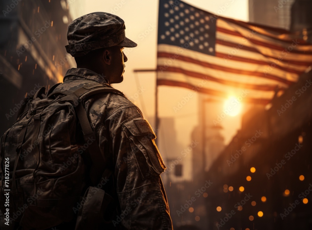 Soldier in a military uniform on the background of the American flag. Soldier in a military uniform on the background of the American flag.