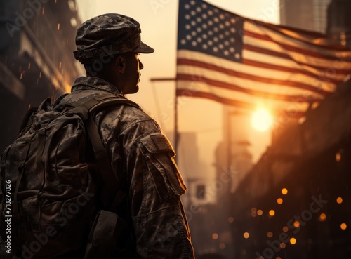 Soldier in a military uniform on the background of the American flag.