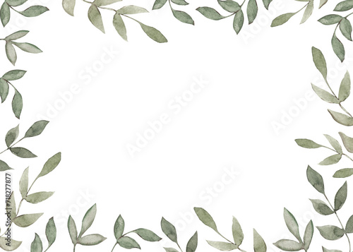 Green branches with leaves. Watercolor illustration. Rectangular frame made of branches