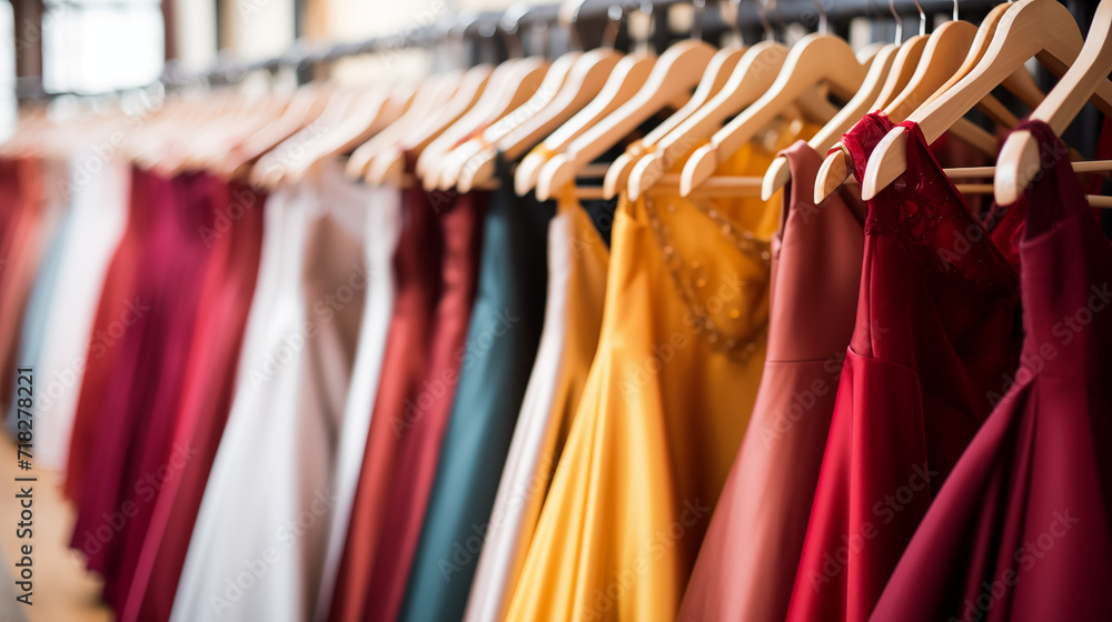Robe de soirée, tenues élégantes sur des portants et cintres. Vêtement, luxe, haute couture. Magasin, habits, mode. Pour conception et création graphique. Robe de soirée, tenues élégantes sur des portants et cintres. Vêtement, luxe, haute couture. Magasin, habits, mode. Pour conception et création graphique.