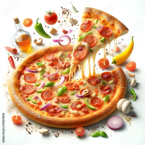 Top view of pizza on a white background