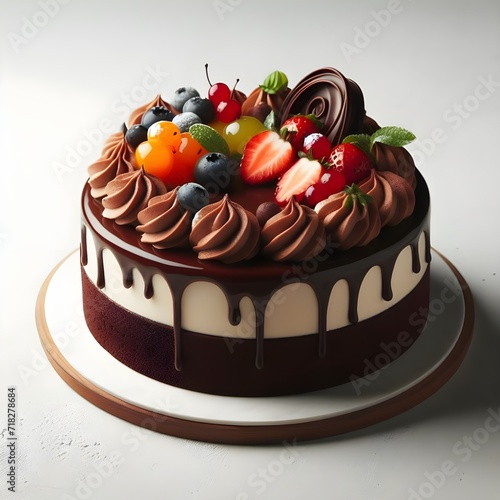 Chocolate cake decorated with fruits, cookies and chocolates
