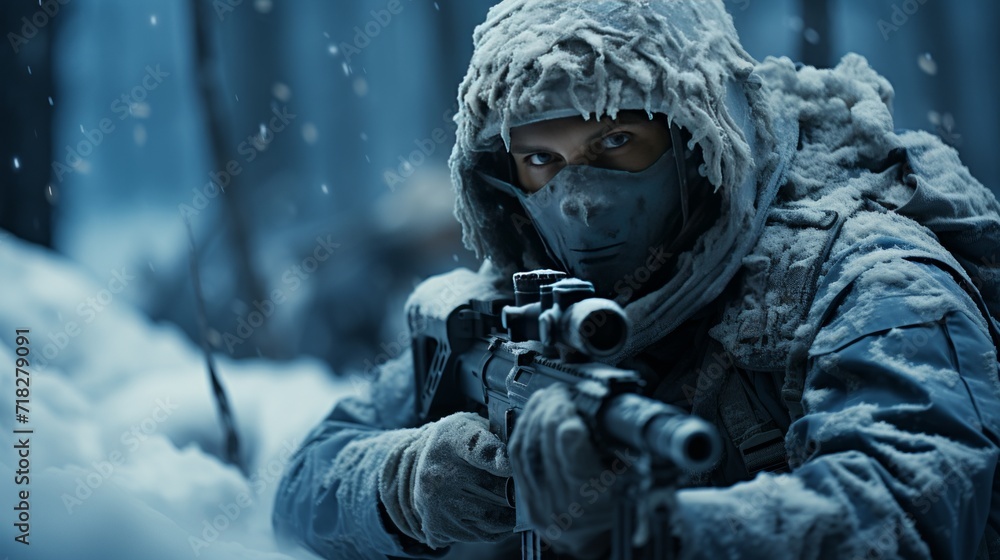 Special forces soldier with assault rifle in snowy forest. Special forces soldier with assault rifle in snowy forest.