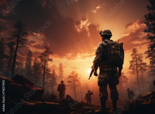 Silhouette of soldiers with assault rifle in the forest at sunset