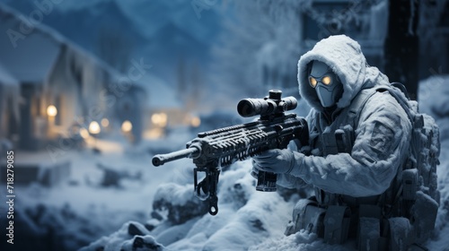 Special forces soldier with assault rifle in snowy forest.