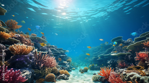 Underwater view of a colorful sea coral reef with fishes.