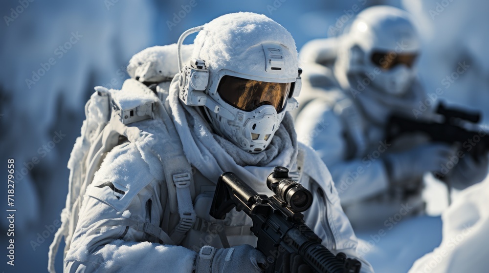 Special forces soldier with assault rifle in snowy forest. Special forces soldier with assault rifle in snowy forest.