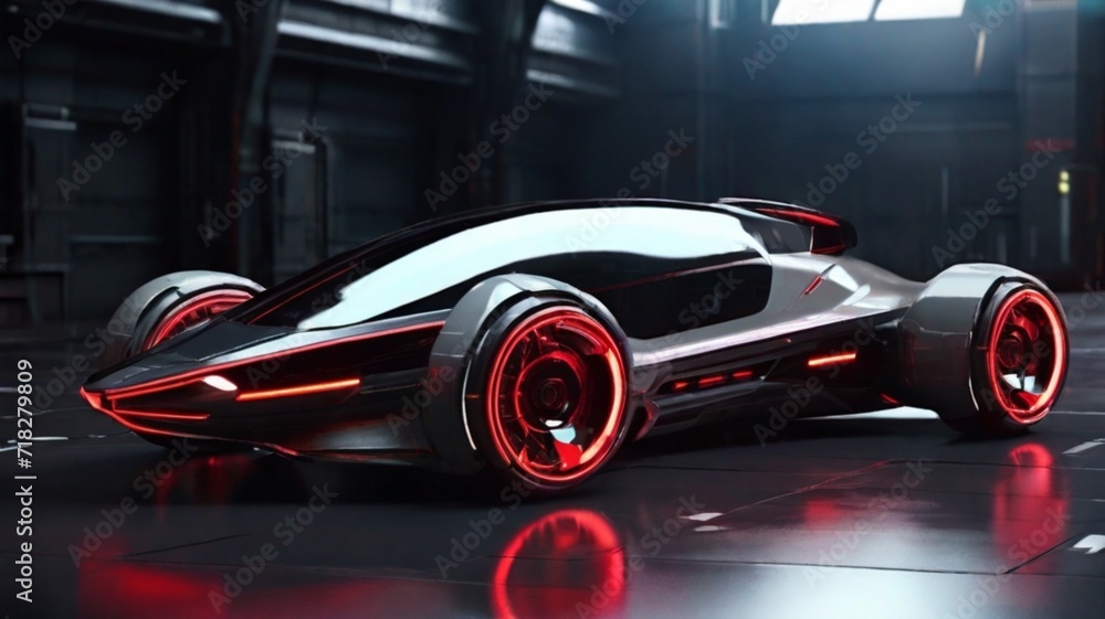 A futuristic silver and neon red sports car in a dark, reflective environment.