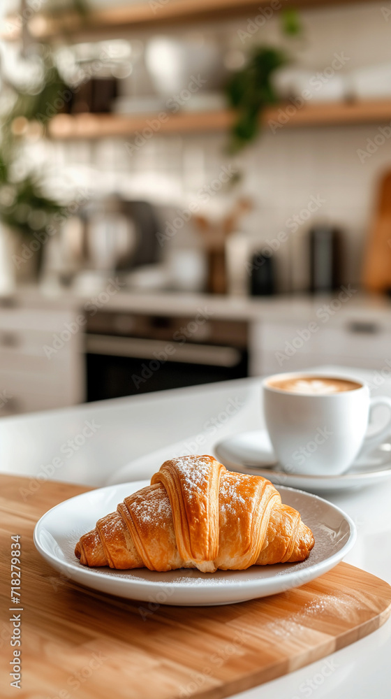 Aesthetic background with a soft croissant on the plate on a breakfast table. Morning set. Aesthetic background with a soft croissant on the plate on a breakfast table. Morning set.