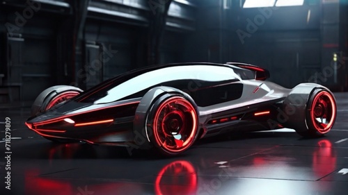 A futuristic silver and neon red sports car in a dark  reflective environment.