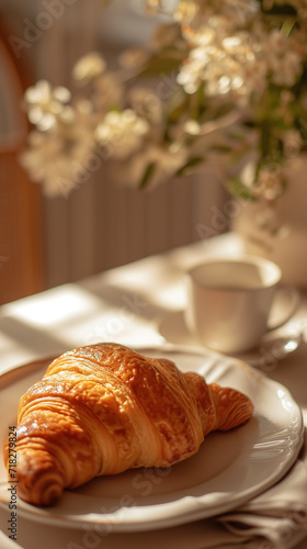 Aesthetic background with a soft croissant on the plate on a breakfast table. Morning set.