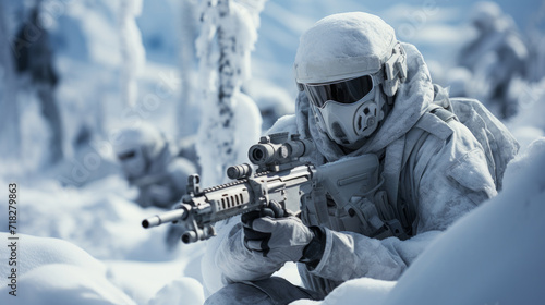 Special forces soldier with assault rifle in snowy forest.