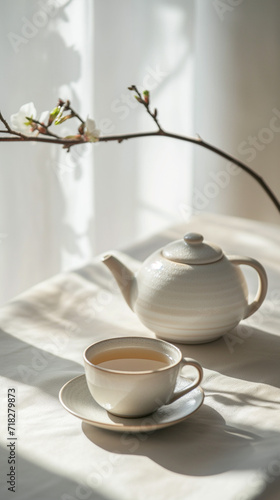 Aesthetic background with a teapot and tea cup, set on a wooden table. 