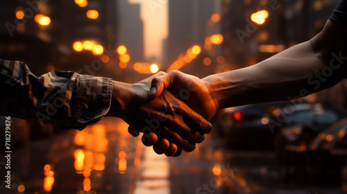 Handshake of two men against the background of the night city.