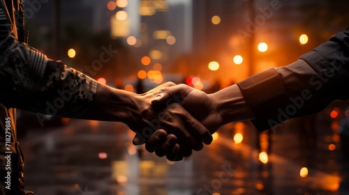Handshake of two men against the background of the night city.