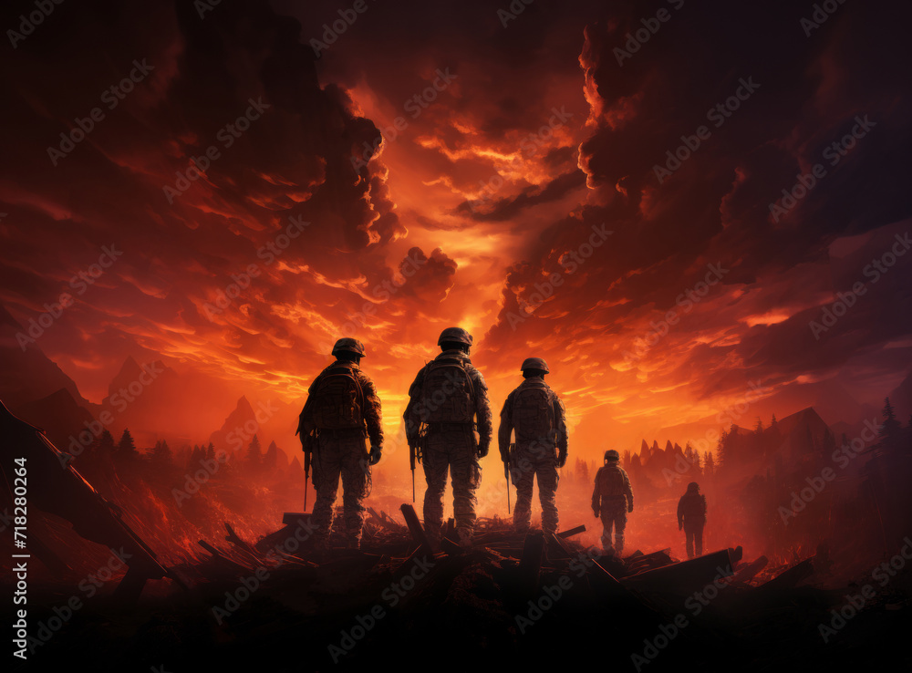 Military silhouettes fighting scene on war fog sky background